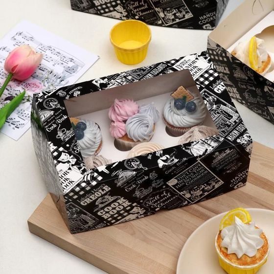 !09 Упаковка (набор 4 штуки) на 6 капкейков с окном "Cook Book", 25 х 17 х 10 см.