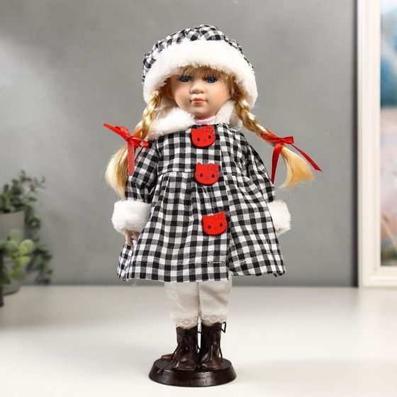 Кукла коллекционная керамика &quot;Злата в пальто в клеточку с красными пуговицами&quot; 30 см