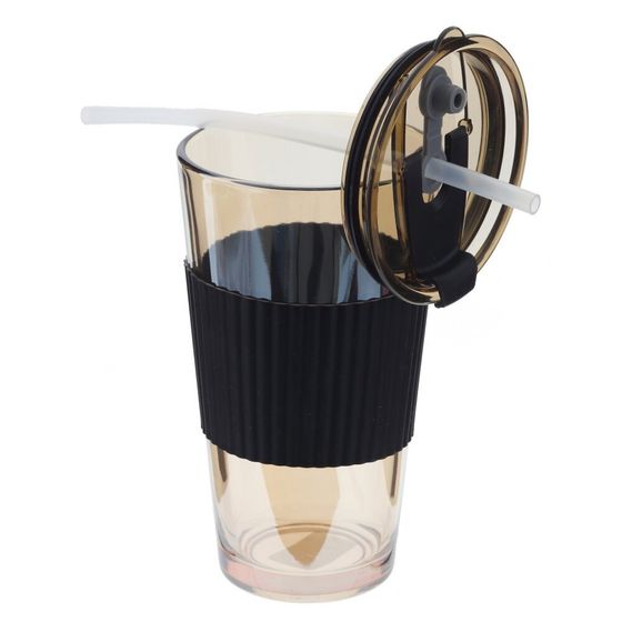 Стакан с трубочкой, 490 мл, L8,5 W8,5 H14,5 см, цвет микс