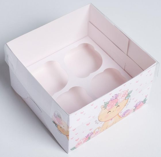 !09 Коробка (набор 5 штук) для капкейков, кондитерская упаковка, 4 ячейки «Милашка», 16 х 16 х 10 см.