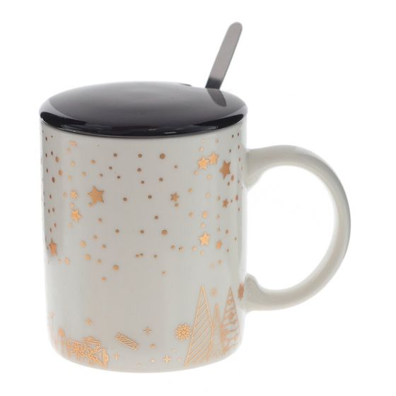 Кружка с крышкой и ложкой, 300 мл, L12 W8 H10 см, дизайн микс