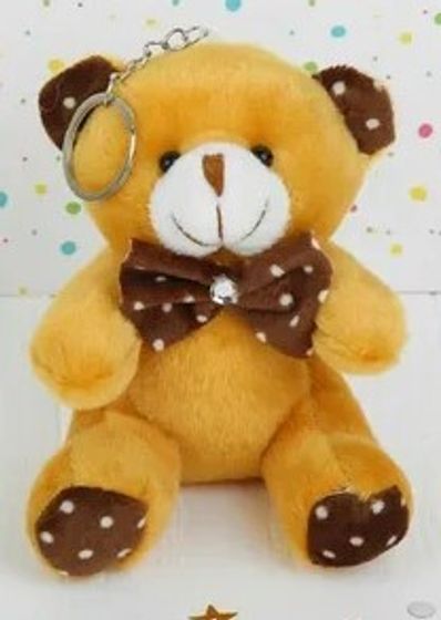 !09 Плюшевый игрушка-брелок «Мишка», бант в горошек, 10 см. цвет коричнево-оранжевый