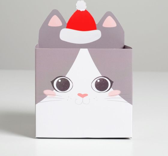 !Коробка новогодняя 2 штуки для мини-букетов «С новым годом», котик, 12 х 18 х 10 см, Новый год