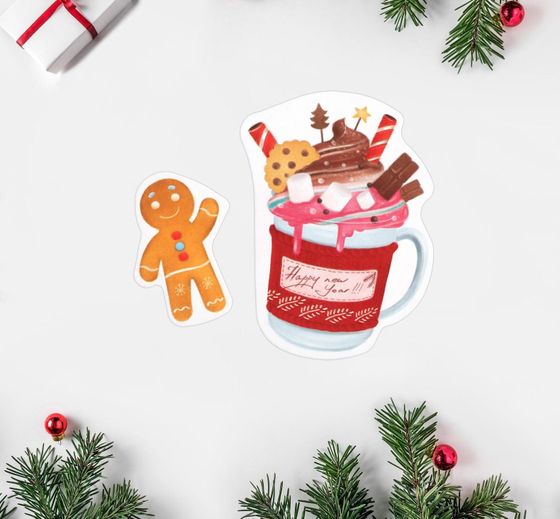 !09 Открытка (набор 7 штук микс) «С Новым Годом!» , 9 х 7 см. + «Happy New Year» кружка, 7 х 9 см. + «С Новым Годом!» кот и какао, 6 × 9 см.