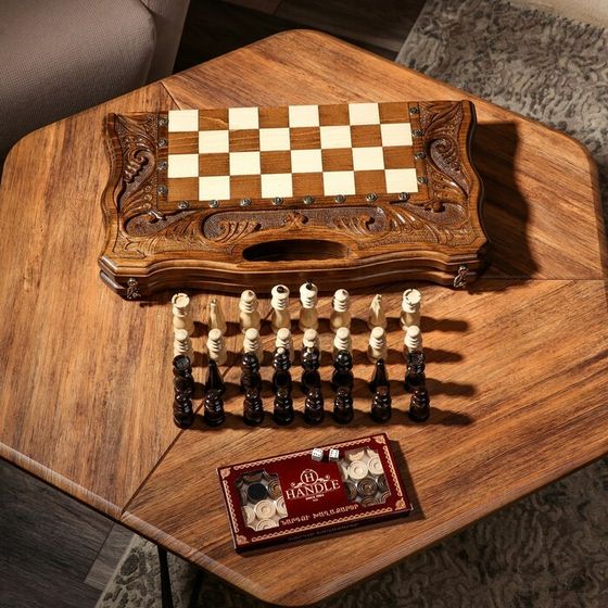 Шахматы-нарды ручной работы &quot;Универсал&quot;, с ручкой, 50х27 см, массив ореха, Армения