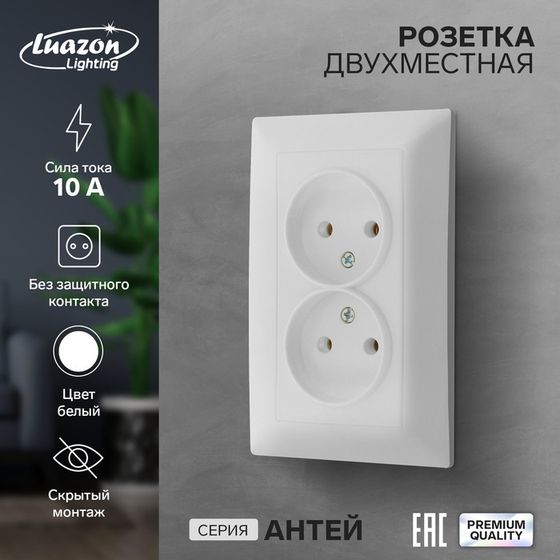 Розетка двухместная Luazon Lighting &quot;Антей&quot;, 10 А, скрытая, без з/к, белая