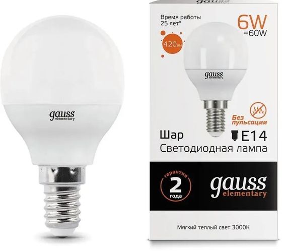 Лампочка светодиодная Gauss Elementary 6Вт цок.:E14 шар 220B 3000K св.свеч.бел.теп. (упак.:1шт) (53116)