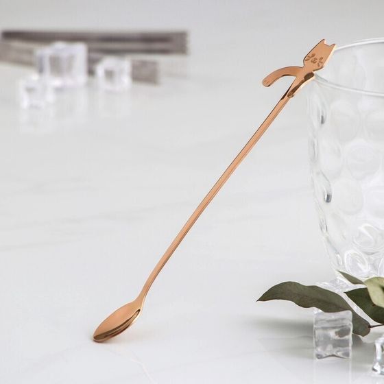 !09 Набор 2 штуки- Ложка барная из нержавеющей стали «Котик», 20×3,3×1,5 см, цвет бронзовый