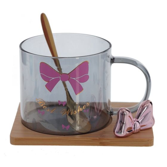 Кружка с ложкой на деревянной подставке, 290 мл, L12,5 W9 H8 см, дизайн микс