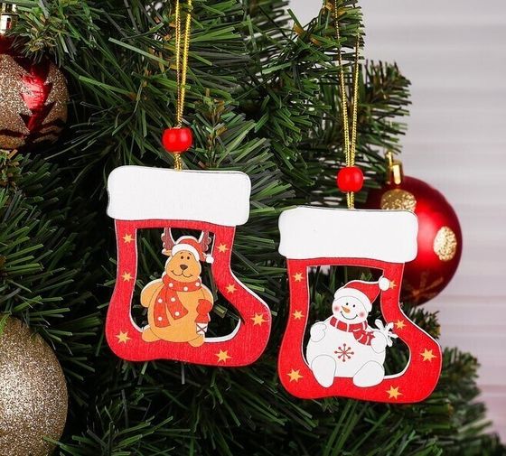 !09 Подвеска новогодняя (комплект 5 штук) «Валенок с сюрпризом», дизайн МИКС