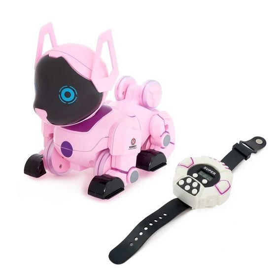 Робот собака «Паппи» , с программированием, на пульте управления, интерактивный: звук, свет, на аккумуляторе, розовый