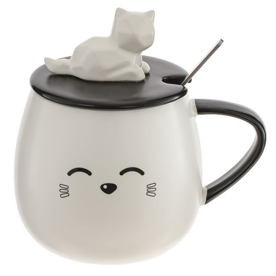 Кружка с крышкой и ложкой, 400 мл, L8 W8 H8,5 см, дизайн микс