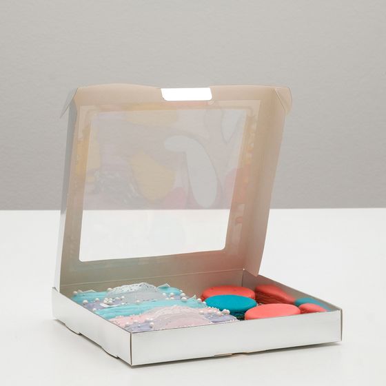 !Набор 5 штук - Коробка картонная, с окном, серебряная, 21 х 21 х 3 см