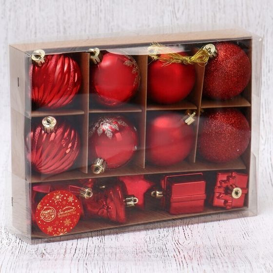 !09 Набор елочных украшений "Дейзи" набор 14 штук (8 шаров, 6 фигурок) цвет красный