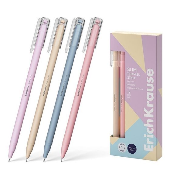 Ручка шариковая ErichKrause Slim Stick &quot;Tiramisu&quot;, игольчатый узел 0.7 мм, синяя, тонкий дизайн Soft Touch, микс