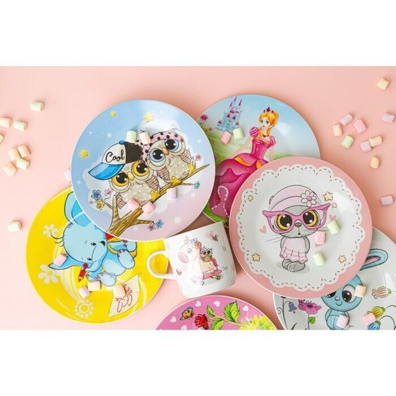 !09 Набор детской посуды из керамики «Совы тинейджеры», 3 предмета: кружка 230 мл, миска 400 мл, тарелка d=18 см