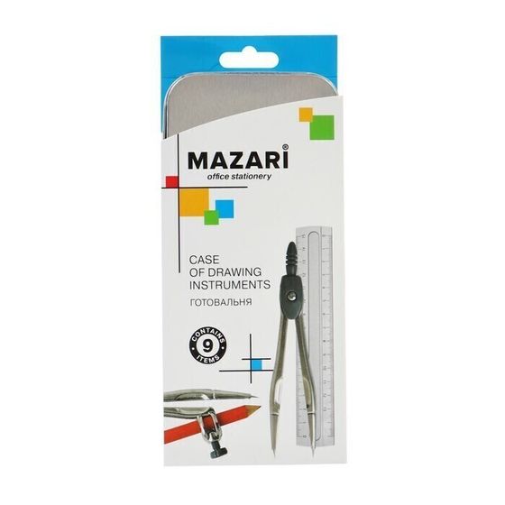!09 Набор из 2-х готовален: Готовальня Mazari состоит из 9 предметов: 2 циркуля, угольник (60 х 30 х 90), угольник (45 х 45 х 90), линейка (15 см), транспортир, карандаш, ластик, точилка