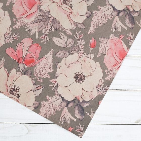!Бумага упаковочная 4 листа крафтовая «Цветы на сером», 50 × 70 см