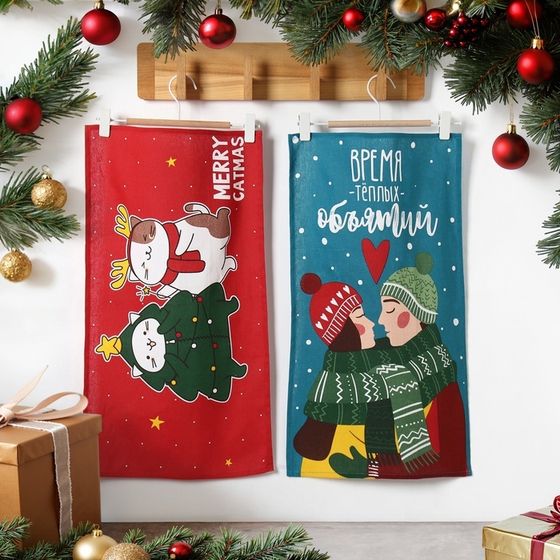 Набор кухонный полотенец &quot;Доляна&quot; Merry catmas 35х60 см-2 штуки, 100% хлопок, 160 г/м2