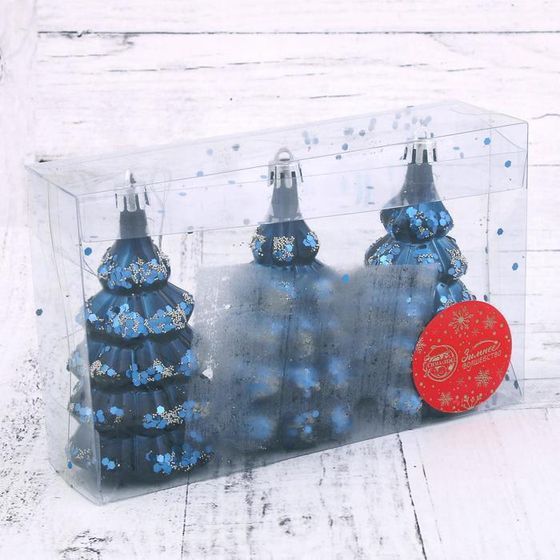 !09 Набор елочных украшений (набор 3 штуки) &quot;Ёлочка в сугробах&quot; 5х9,5 см. цвет синий