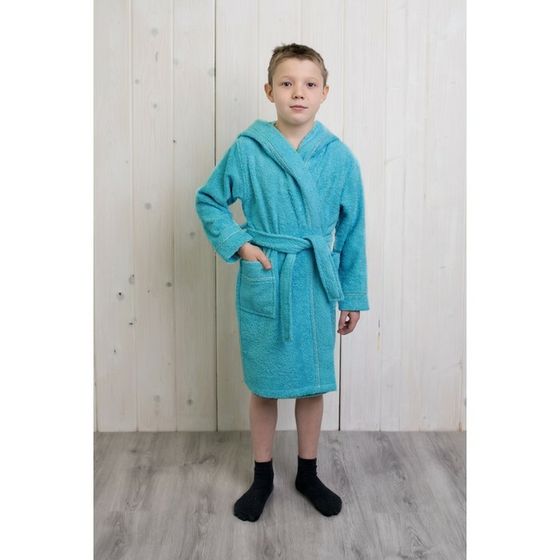 Халат для мальчика с капюшоном, рост 128 см, бирюзовый, махра