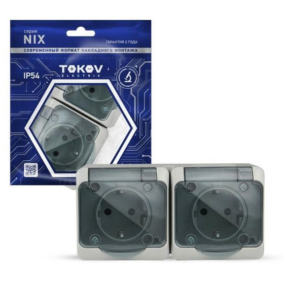 Розетка TOKOV ELECTRIC, Nix, 2-м, 16А, IP54, 250В, с з/к, с прозр. кр, серый, TKE-NX-R2Z-C06T-IP54