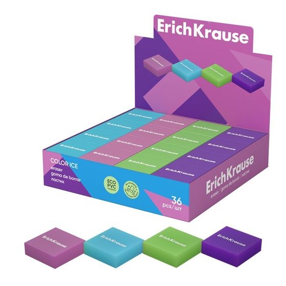 Ластик ErichKrause &quot;Color Ice&quot;, 32 х 32 х 10 мм, эко-ПВХ, микс