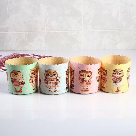 !09 Комплект из 4-х штук - Форма бумажная для кекса, маффинов и кулича "Совушки" 90x90 мм.