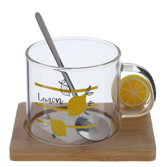 Кружка с ложкой на деревянной подставке, 300 мл, L12 W9,5 H8,5 см, 3в.