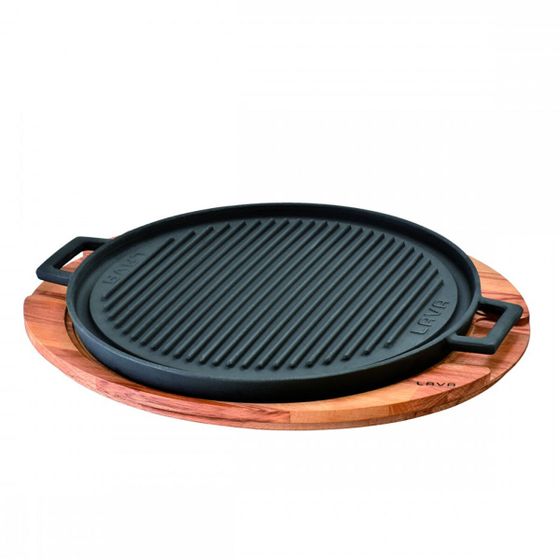 Round griddle/grill plate. dual side reversible.  integral metal handles and wooden service platter.  diameter (ø) 34cm.