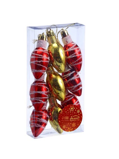 !09 Набор елочных украшений &quot;Лампочка - полосы&quot; (набор 9 шт) 3х6 см, цвет красно золотой