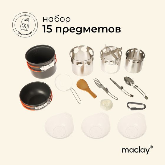 Набор туристической посуды maclay: 2 кастрюли, приборы, печка-щепочница, карабин, 3 миски