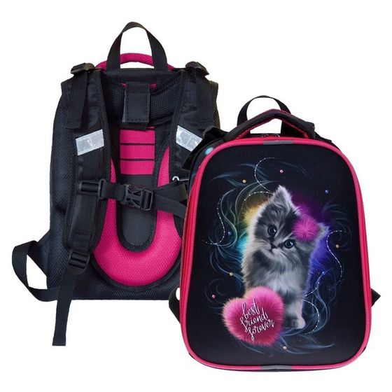Рюкзак каркасный школьный 38 х 30 х 16 см, эргономичная спинка, Stavia &quot;Котик&quot;, чёрный, розовый