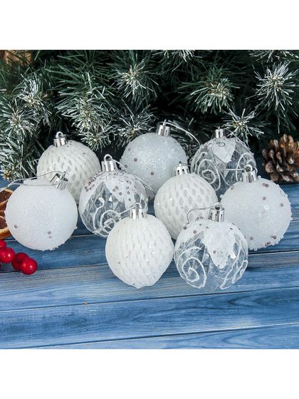 !09 Набор елочных игрушек - Ёлочные игрушки «Снежная изморозь», шары пластиковые, d=6 см, набор 9 шт., белый
