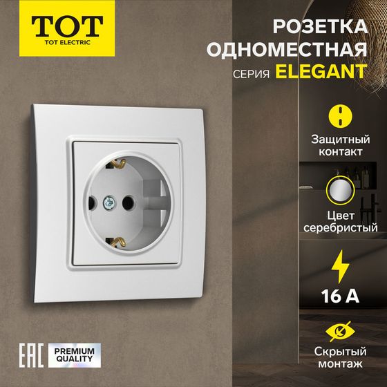 Розетка одноместная TOT Elegant, 16 А, скрытая, с з/к, серебристая