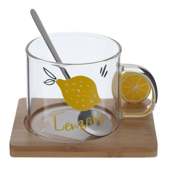 Кружка с ложкой на деревянной подставке, 300 мл, L12 W9,5 H8,5 см, 3в.