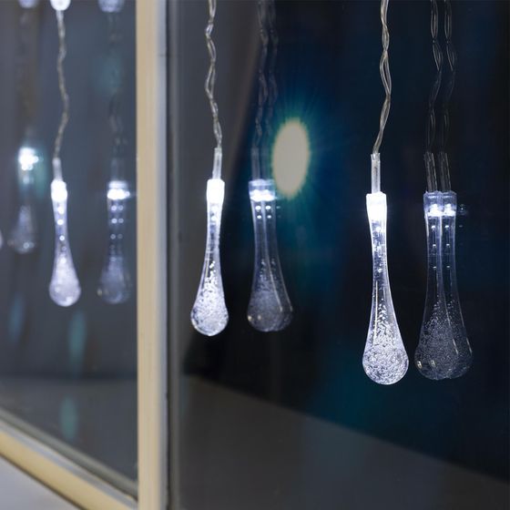 !09 Гирлянда «Занавес» 2.5 x 0.65 м с насадками «Капли», IP20, прозрачная нить, 50 LED, свечение белое, 8 режимов, 220 В