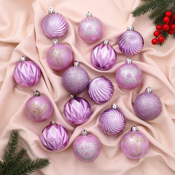 !09 Набор елочных игрушек(16 штук): Ёлочные игрушки &quot;Патрис полоски&quot; d=6 см, цвет сиреневый микс
