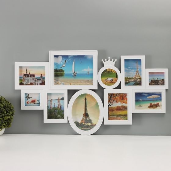 Фоторамка пластик на 10 фото 10х10, 10х15, 13х18, 15х20, 20х25 см &quot;Корона&quot; белая 45х80 см