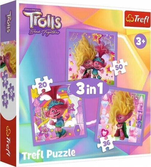 Trefl Puzzle 3w1 Poznaj wesołe Trolle Trolls 3 34870 Trefl