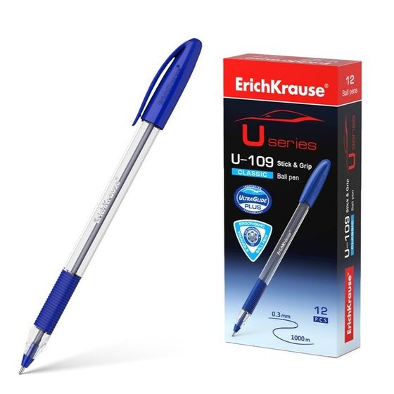 Ручка шариковая ErichKrause U-109 Classic Stick&amp;Grip, узел 1.0 мм, грип, чернила синие