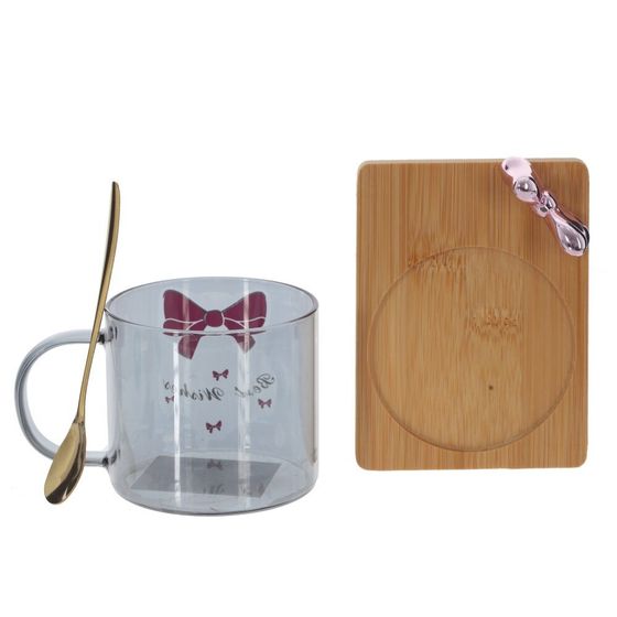 Кружка с ложкой на деревянной подставке, 290 мл, L12,5 W9 H8 см, дизайн микс