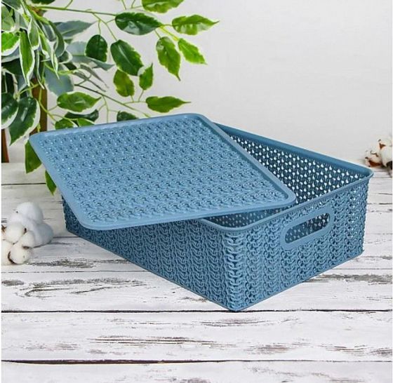 Корзинка Вязь 7.5л с крышкой капучино/голубая