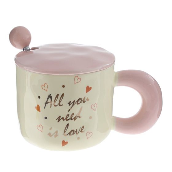 Кружка с крышкой и ложкой, L9,4 W9,4 H8,5 см, 1 штука, дизайн микс