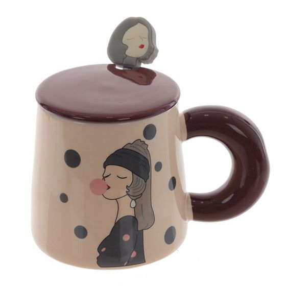 Кружка с крышкой и ложкой, 400 мл, L13,5 W9,5 H9,5 см, дизайн микс