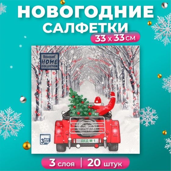 Новогодние салфетки бумажные Home Collection «Дед Мороз в пути», 3 слоя, 33х33 см, 20 шт