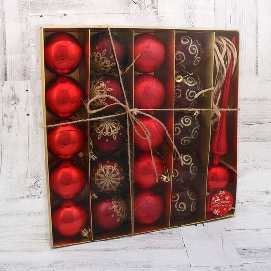 !09 Набор елочных шаров (набор 20 штук) + верхушка &quot;Новогодний&quot; пластик d-6 см. цвет красный