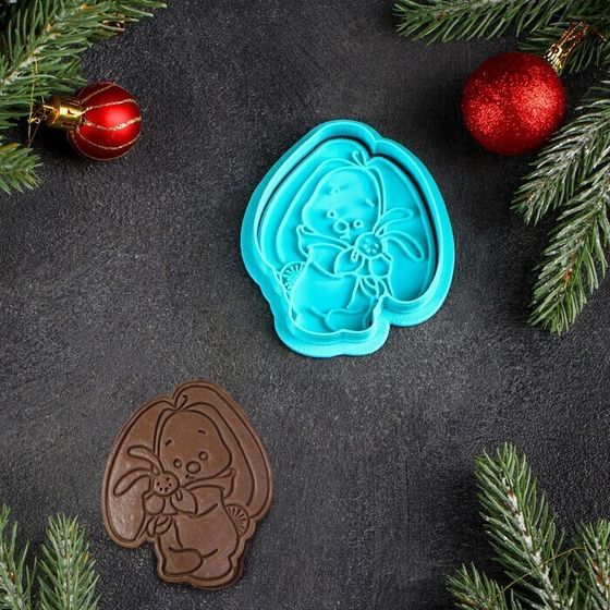 !09 Форма для печенья «Зайка в пижаме», штамп, вырубка, цвет голубой