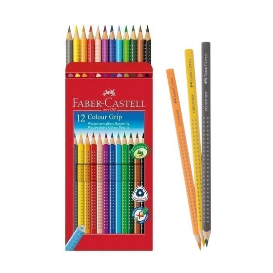 Карандаши акварельные 12 цветов Faber-Castell Grip 2001 7/3.3 мм, трёхгранный корпус с массажными шашечками