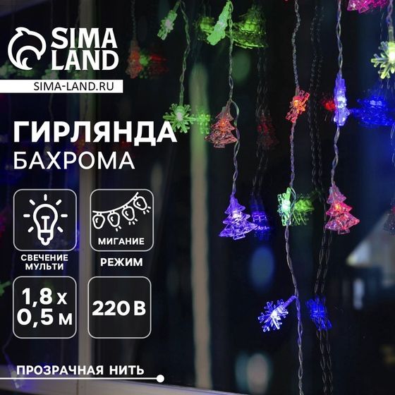 Гирлянда «Бахрома» 1.8 × 0.5 м с насадками «Ёлки и снежинки», IP20, прозрачная нить, 48 LED, свечение мульти (RG/RB), мигание, 220 В